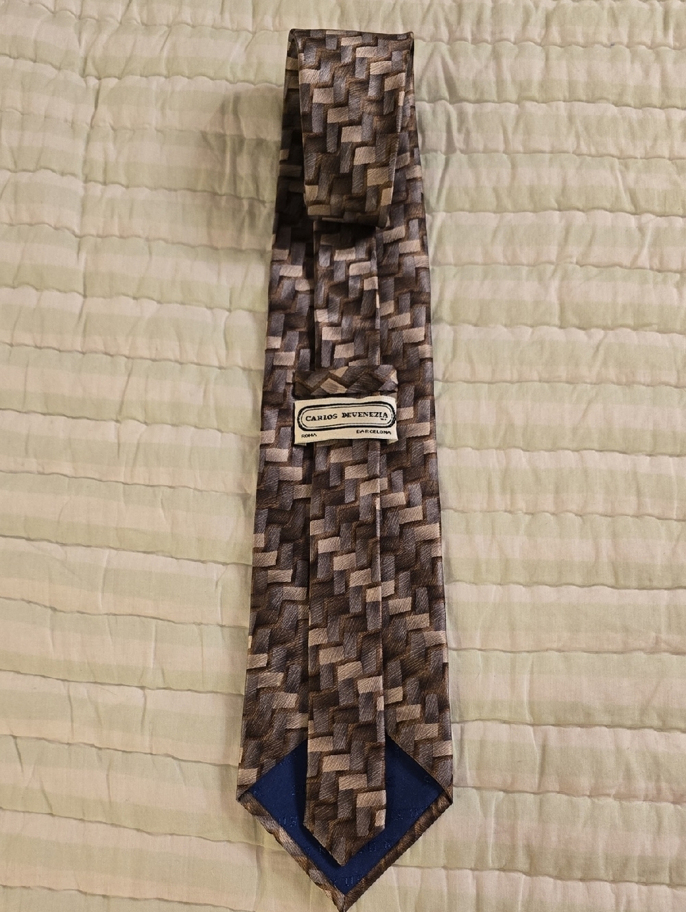 CARLOS DeVENEZIA Silk Handmade Brown Geometric Pattern Men's Tie 59 Inches Long